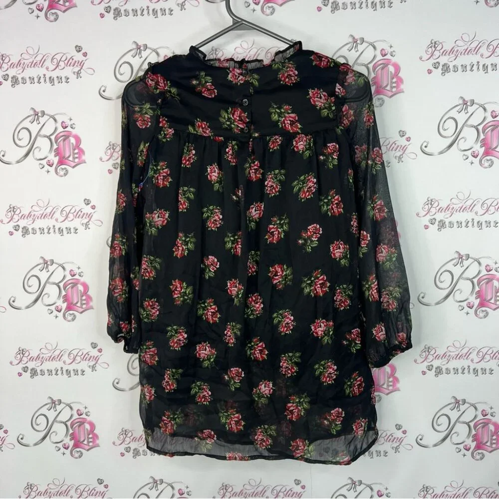 GAP dress roses flowers ruffle bubble sleeve Black Floral Sheer Blouse